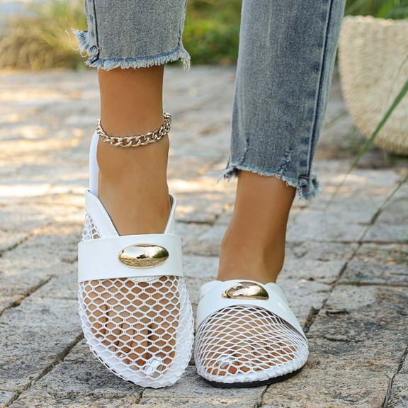 Womens Breathable Mesh Mule Slides - White Closed Toe Slip On Casual Flat Shoes for House,Size 38
