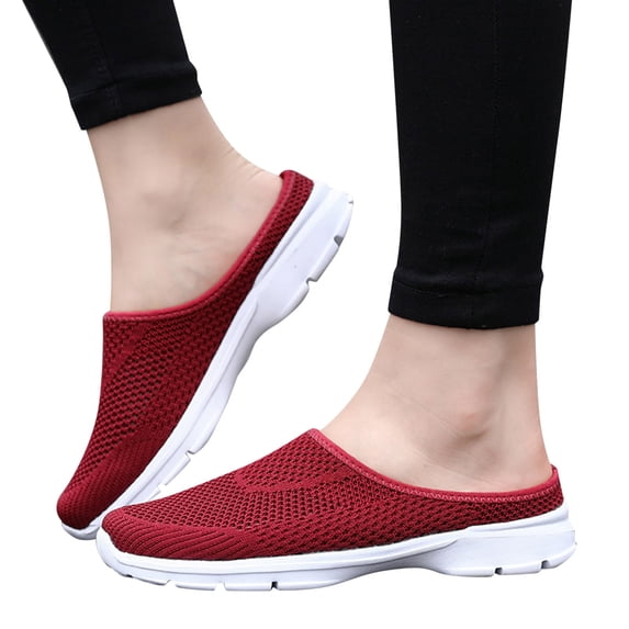Womens Breathable Mesh Walking Mules Open Back Slip On Sneakers Knit Flat Lightweight Walking Shoes