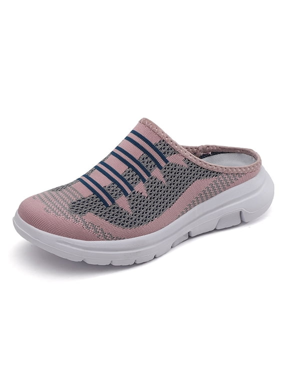 Womens Breathable Mesh Walking Mules Sneakers Open Back On Shoes(Pink,7)