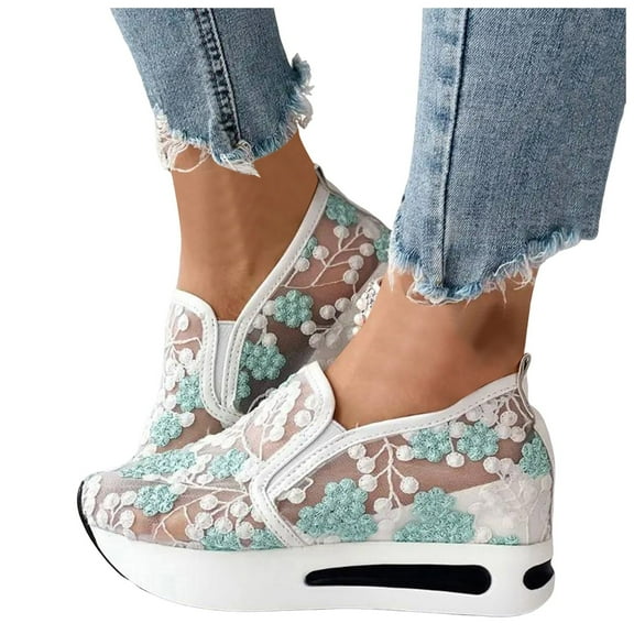Womens Breathable Slip On Wedge Sneakers Casual Stylish Embroidery Lace Walking Shoes with Arch Support