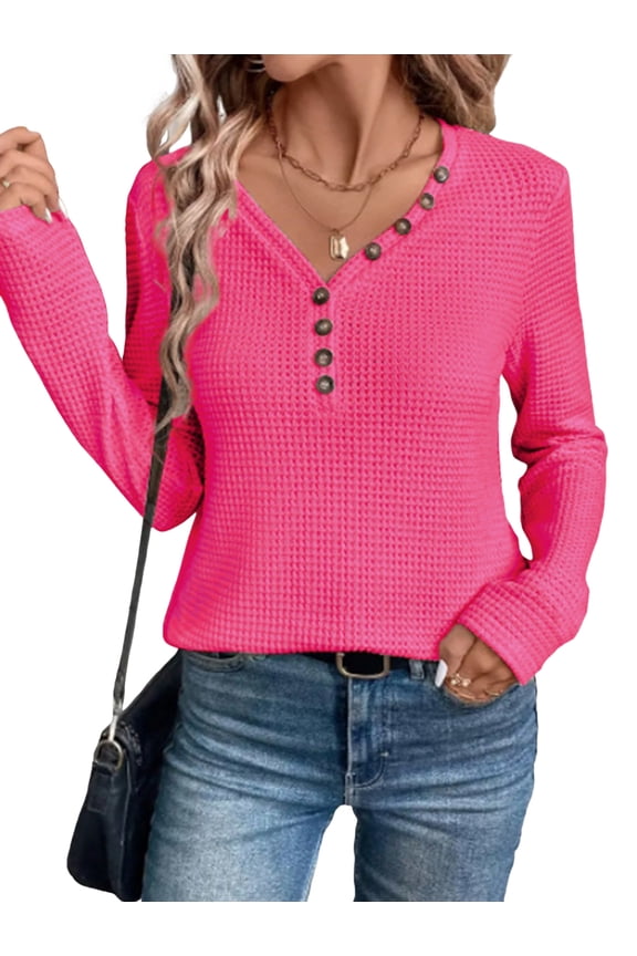 Womens Breathable Soft V Neck Button Knit Shirts Long Sleeve Loose Fitting Warm Sweaters Pullovers Rose Red XXXL