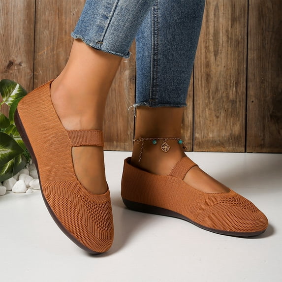 Womens Breathable Ventilated Knit Mesh Mary Jane Shoes, Elastic Single Strap Slip On Flats, Shock Absorbing Lightweight Daily Walking Footwear