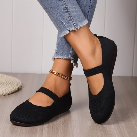 Womens Breathable Ventilated Knit Mesh Mary Jane Shoes, Elastic Single Strap Slip On Flats, Shock Absorbing Lightweight Daily Walking Footwear