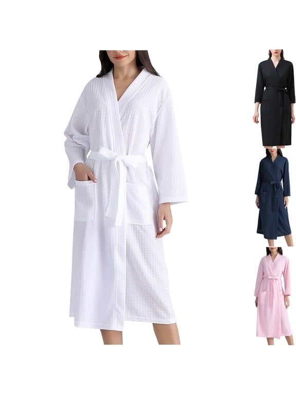 Womens Bridal Pj Robes Waffle Knit Quick Dry Bathrobe Long Sleeve Wrap Sleepwear Elegant Fall Winter House Coat Loungewear with Pockets, White, L