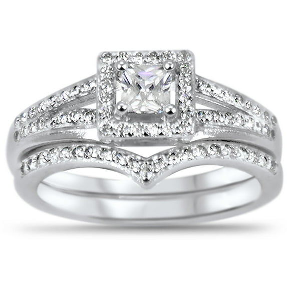 Womens Bridal Ring Set Princess Cut Sterling Silver CZ Wedding Band Engagement Ring Set 5