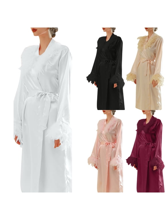 Womens Bridal Robes Elegant Feather Trim Soft Silky Satin Long Sleeve Bathrobe V Neck Tie Front Sleepwear Ladies Bride Party Wedding Loungewear, White, M