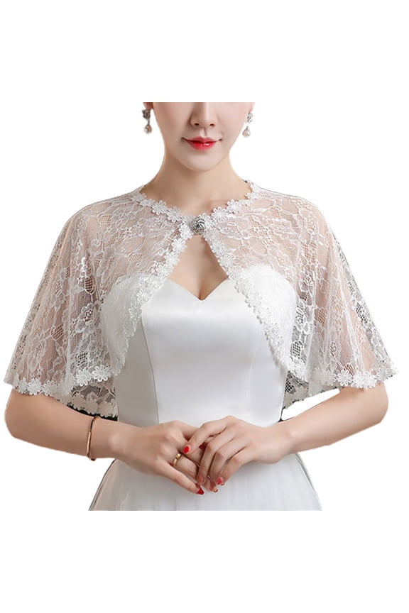 Womens Bridal Wedding Floral Lace Wrap Shawl Perspective Embroidery Prom Bolero Shrug for Rhinestone Buckle Open Front Stole Cape
