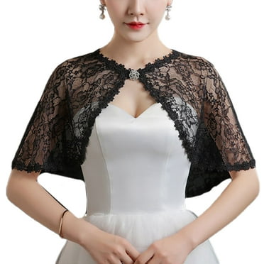 Womens Bridal Wedding Floral Lace Wrap Shawl Perspective Embroidery Prom shawl Shrug for rhinestones Buckle Open Front Stole Cape