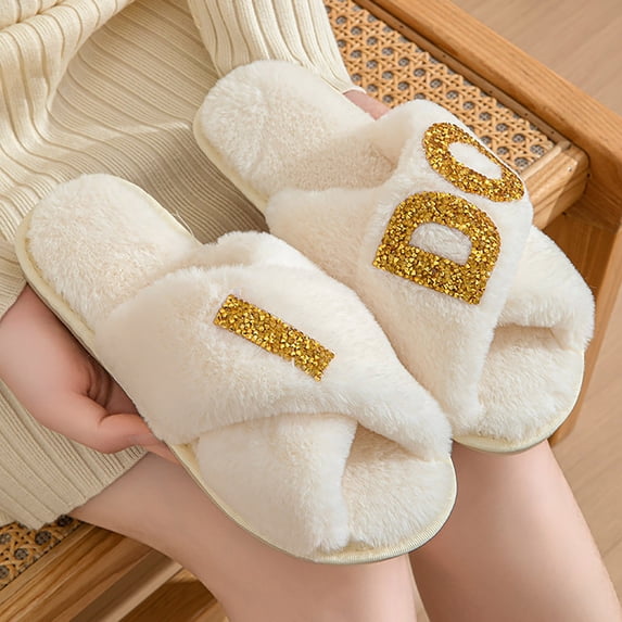 Womens Bride I Do Slippers Plush Fuzzy Warm White Open Toe Cozy Fluffy Wedding House Shoes Gold 6.5-7