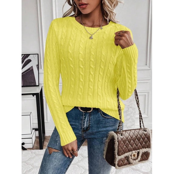 Womens Bright Yellow Solid Color Cable Knit Crew Neck Long Sleeve Sweater