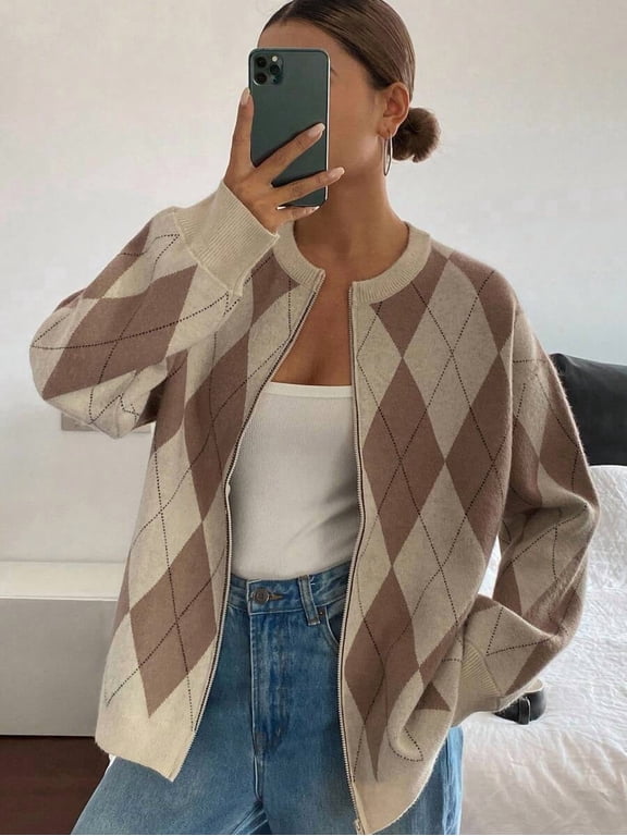 Womens Brown And Beige Argyle Pattern Zip-Up Knit Cardigan, Loose Fit