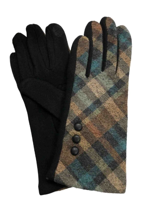 Womens Brown & Blue Button Plaid Stretch Fit Texting & Tech Touchscreen Gloves