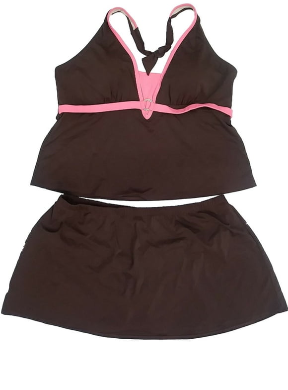 Womens Brown & Blush Pink 2 Piece Swimming Suit Skirted Tankini Set