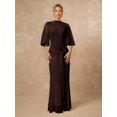 thumbnail image 1 of Womens Brown Boat Neck Flowy Mesh Long Sleeve Cinched Ribbon Maxi Dress, 1 of 8