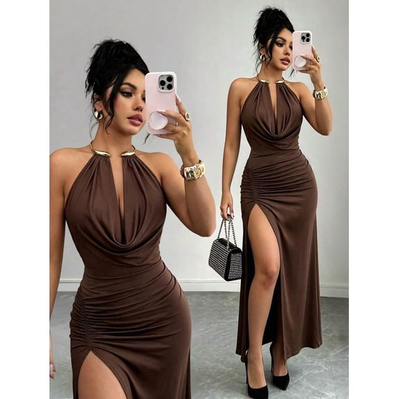 Womens Brown Cowl Neck Metal Collar Fitted Dress With Side Slit