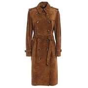 Womens Brown Double Breasted Tan Suede Trench Coat - Ladies Belted Slim Fit Leather Coat SouthBeachLeather Medium