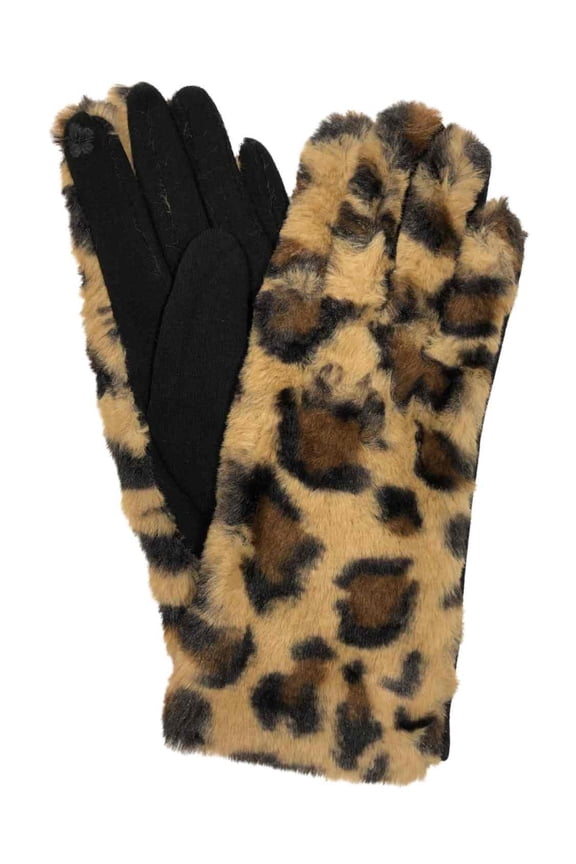 Womens Brown Faux Fur Leopard Print Stretch Fit Text & Tech Touchscreen Gloves