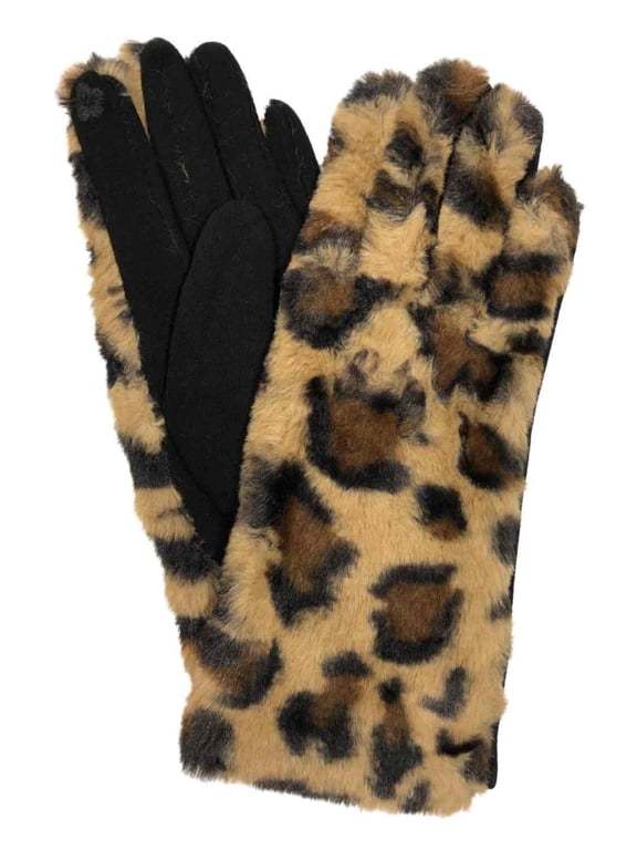 Womens Brown Faux Fur Leopard Print Stretch Fit Text & Tech Touchscreen Gloves