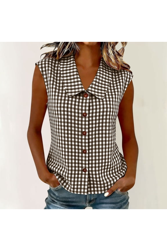 Womens Brown Gingham Sleeveless Peter Pan Collar Button Front Blouse Casual Top,Size L