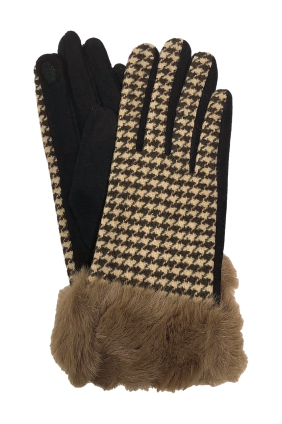 Womens Brown Houndstooth Faux Fur Stretch Fit Texting & Tech Touchscreen Gloves