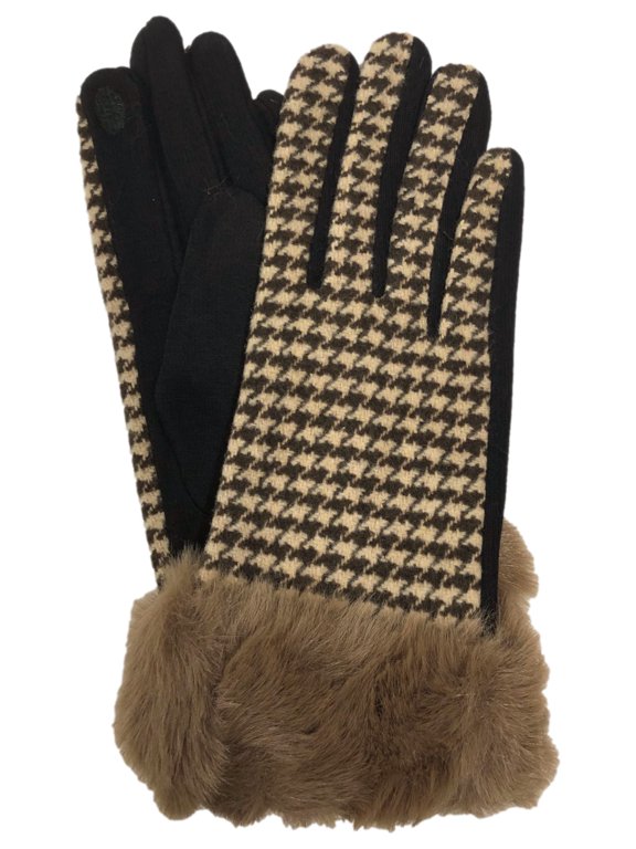 Womens Brown Houndstooth Faux Fur Stretch Fit Texting & Tech Touchscreen Gloves