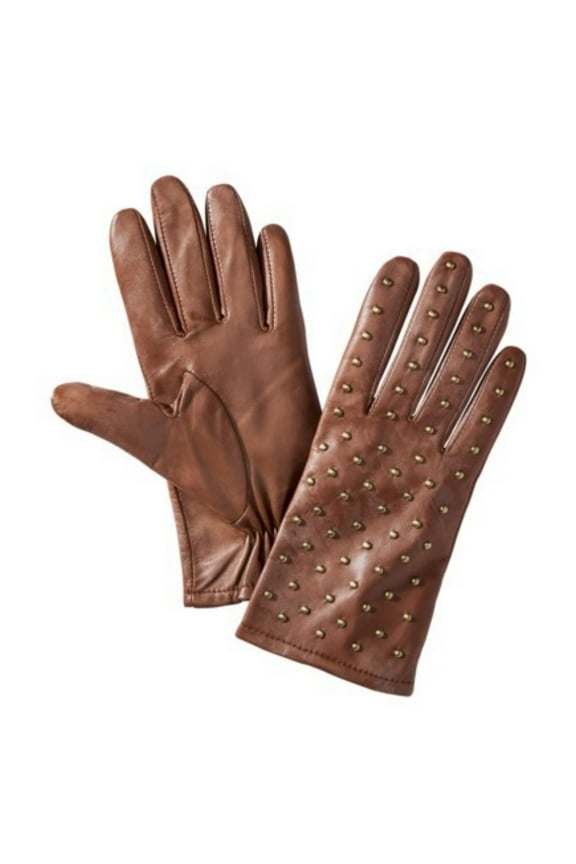 Womens Brown Leather Gloves with Metal Stud Fronts Small/Medium
