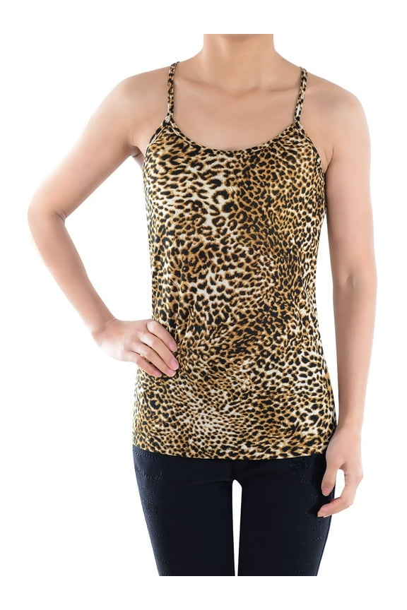 Womens Brown Leopard Print Casual Spaghetti Racerback Vest Tank Top