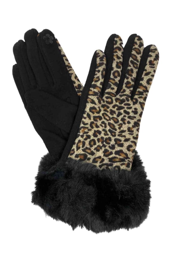 Womens Brown Leopard Print & Faux Fur Stretch Fit Text & Tech Touchscreen Gloves