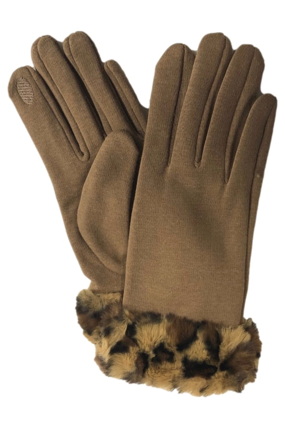 Womens Brown Leopard Print Faux Fur Stretch Fit Texting & Tech Touchscreen Gloves
