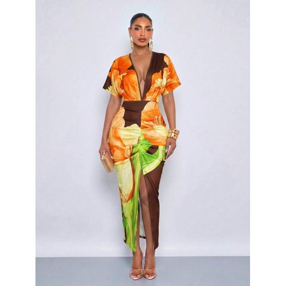Womens Brown Lily Print Deep V-Neck Maxi Dress With Side Slit And Ruched
