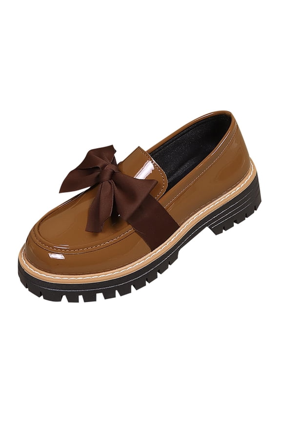 Womens Brown Loafers Platform Chunky Sole Slip On Shoes Vegan Faux Leather with Bow Detail Casual Office Wear,Size 5.5