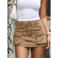 thumbnail image 1 of Womens Brown Non-Stretch Mid-Rise Classic Wash Cargo Pocket Fitted Denim Mini Skirt, 1 of 5