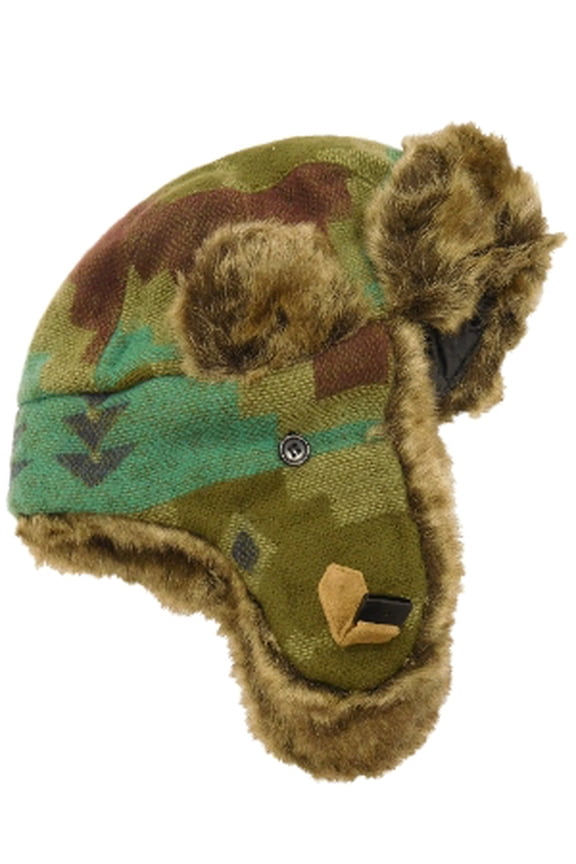 Womens Brown Olive Turquoise Navy& Faux Fur Tribal Print Trapper Hat