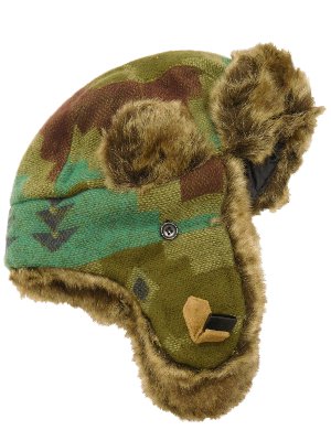 Womens Brown Olive Turquoise Navy& Faux Fur Tribal Print Trapper Hat