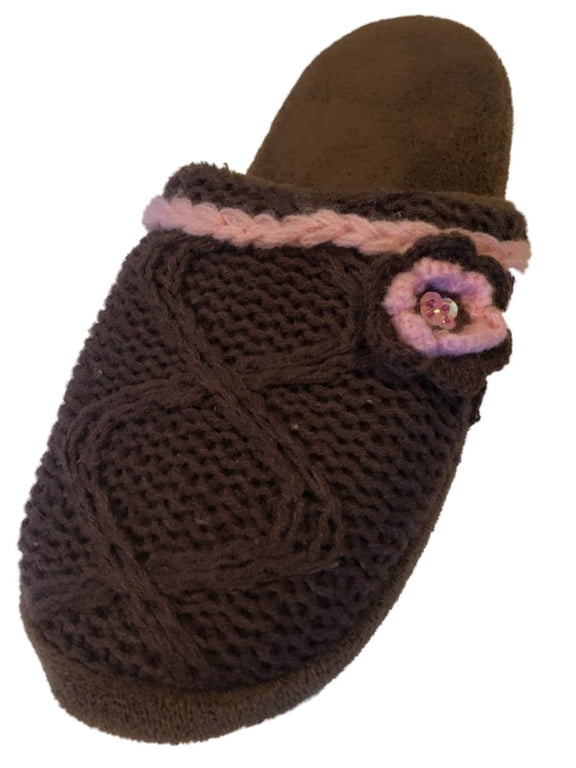 Womens Brown & Pink Cable Knit Slide On Slippers Flower Scufs House Shoes 8-9