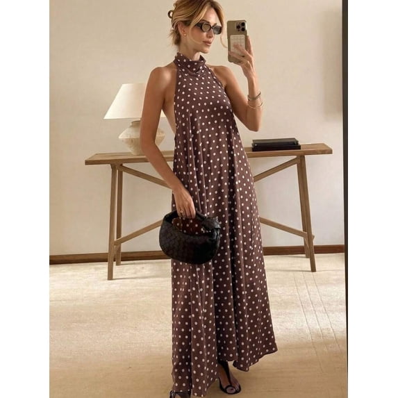 Womens Brown Polka Dot Sleeveless High Neck Maxi Dress, Loose Flowy Casual Summer Beach Vacation Sundress