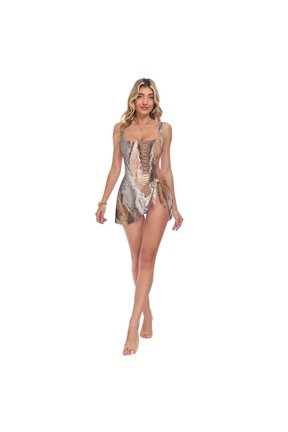 Womens Brown Python Pattern Print 2-in-1 Swim Dress Detachable Skirt One-Piece Swimsuit Square Neck S-XXL
