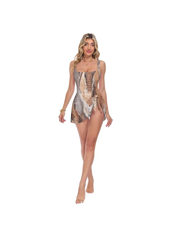 Womens Brown Python Pattern Print 2-in-1 Swim Dress Detachable Skirt One-Piece Swimsuit Square Neck S-XXL