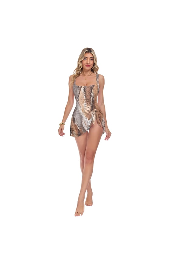 Womens Brown Python Pattern Print 2-in-1 Swim Dress Detachable Skirt One-Piece Swimsuit Square Neck S-XXL