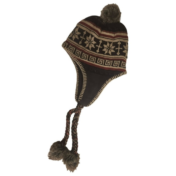 Womens Brown & Red Snowflake Print Trapper Hat