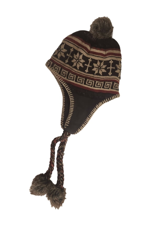 Womens Brown & Red Snowflake Print Trapper Hat
