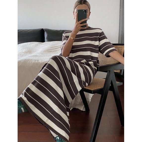 Womens Brown Striped Knit Dress With Round Neck Short Sleeve And Loose