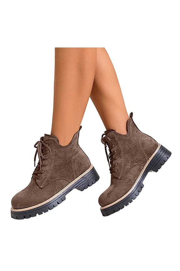 Womens Brown Suede Ankle Platform Boots Lace Up Combat Booties Fashion Lug Sole Mid Calf Fall Boots