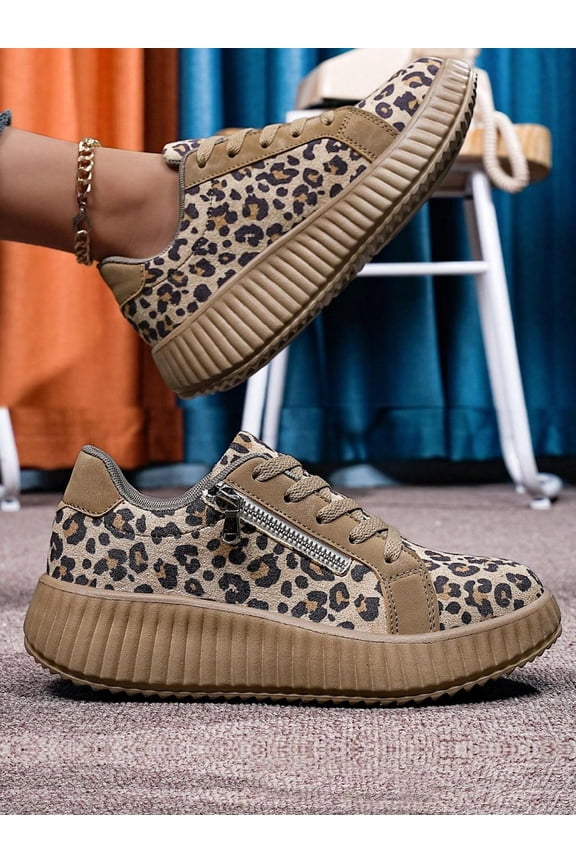 Womens Brown Suede Chunky Leopard Print Sneakers for All-Day Flex Comfort