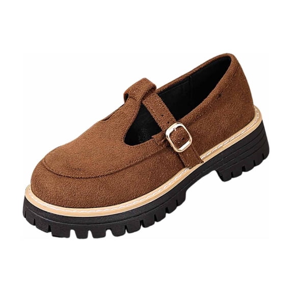 Womens Brown Suede Mary Jane Flats Platform Shoes | Chunky Rubber Sole & Buckle Strap | Retro Casual Everyday Comfort Walking Flats for Work & Office,Size 6.5