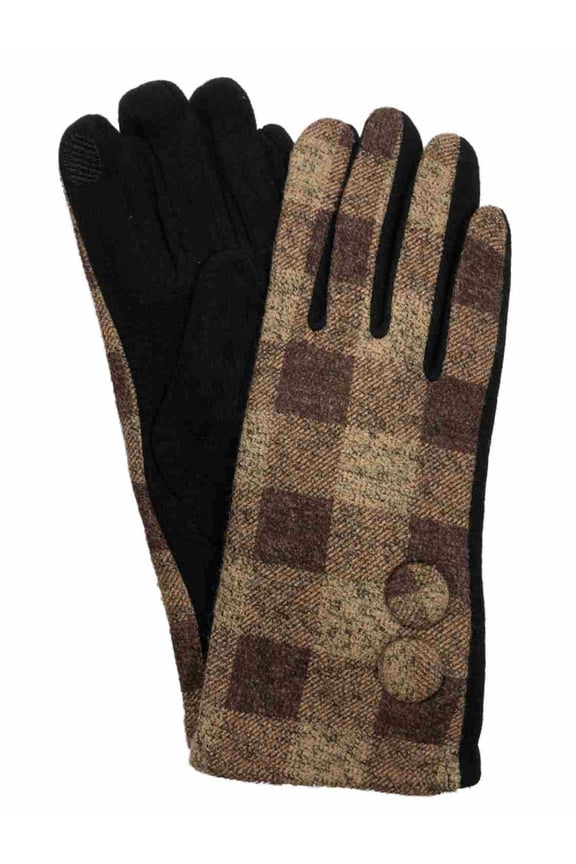Womens Brown & Tan Button Plaid Stretch Fit Texting & Tech Touchscreen Gloves