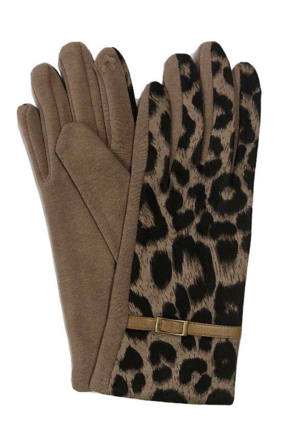 Womens Brown & Tan Leopard Print Stretch Fit Texting & Tech Touchscreen Gloves