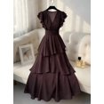 thumbnail image 1 of Womens Brown V-Neck Tiered Ruffle Maxi Dress Flutter Sleeve Asymmetric Hem, 1 of 7