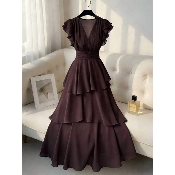 Womens Brown V-Neck Tiered Ruffle Maxi Dress Flutter Sleeve Asymmetric Hem