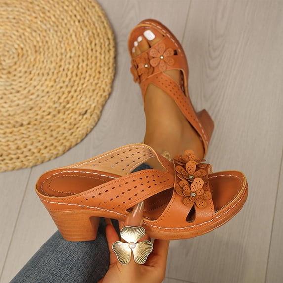 Womens Brown Vegan Faux Leather Slide Sandals Block Heel Cushioned Perforated Open Toe Casual Slip Ons for Women,Size 38